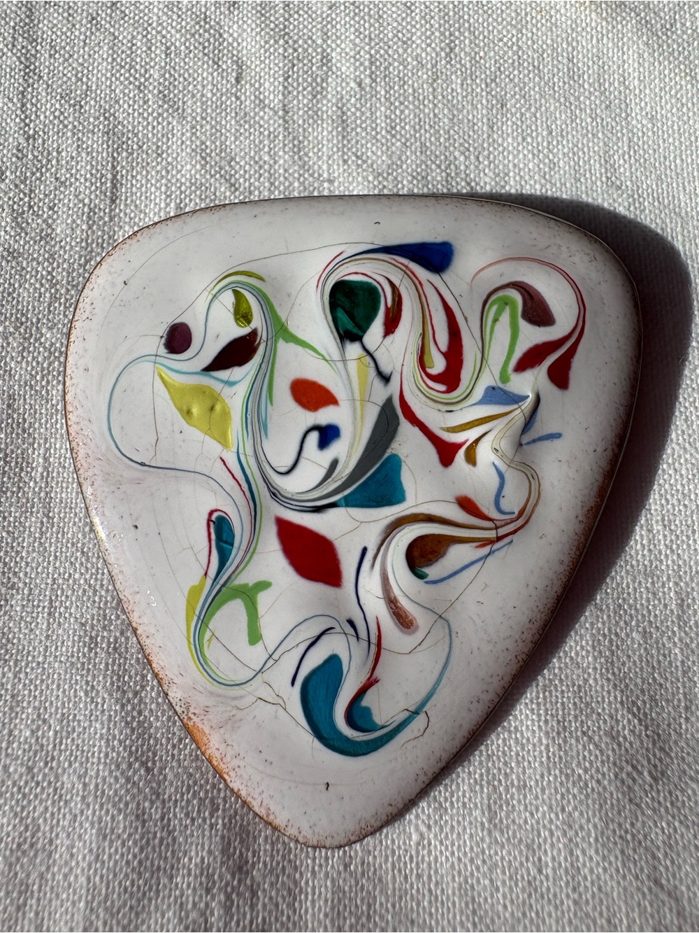 Vintage Mid Century Enamel on Copper Colorful Brooch, Abstract Swirl Shield Pin